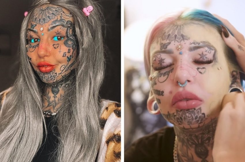  Australian with 600 tattoos painted over the drawings on her face with foundation and showed how she would look without them