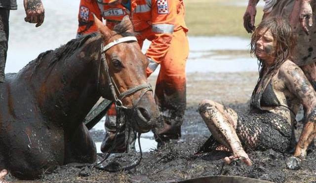  Owner couldn’t do anything to help her horse stuck in a quagmire but she didn’t leave her pet until the last