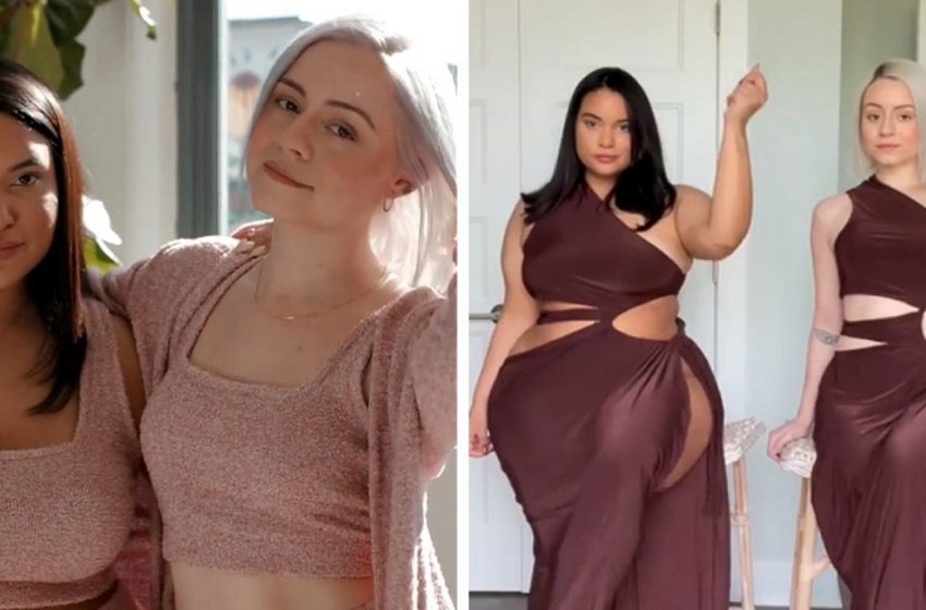  Two friends try on the same clothes, showing how they can look on completely different body types.